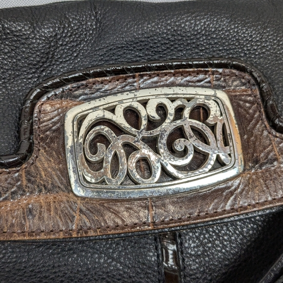 Vtg Brighton Purse Leather Black Embossed Croc Trim Shoulder Bag Fold Over - Picture 2 of 12